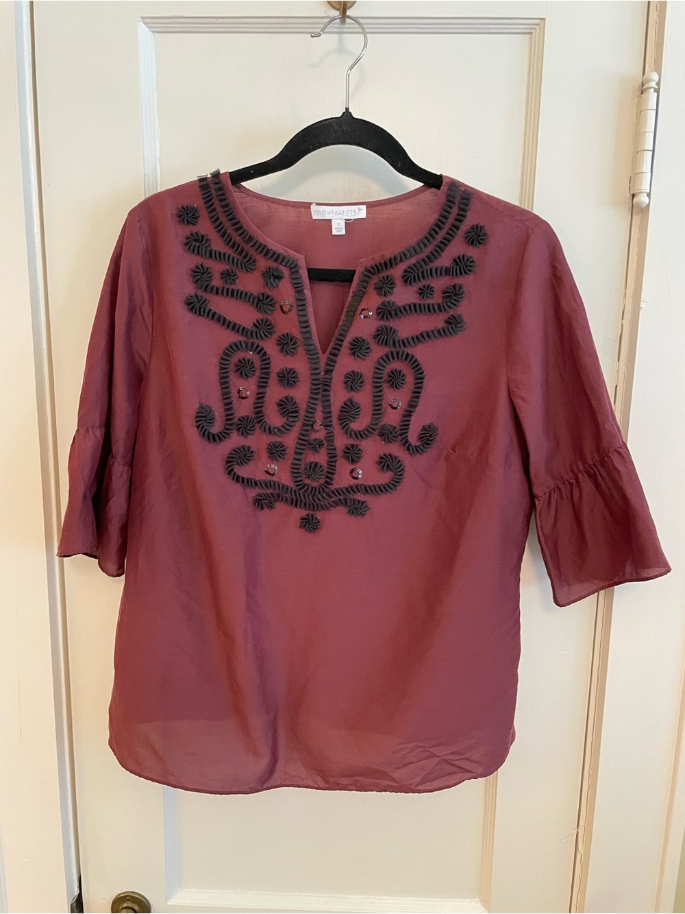 Talbots Mauve Blouse with Black Embroidered Scoop V Neck